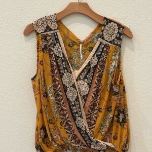 Free People Floral V-Neck Blouse in Mustard and Black